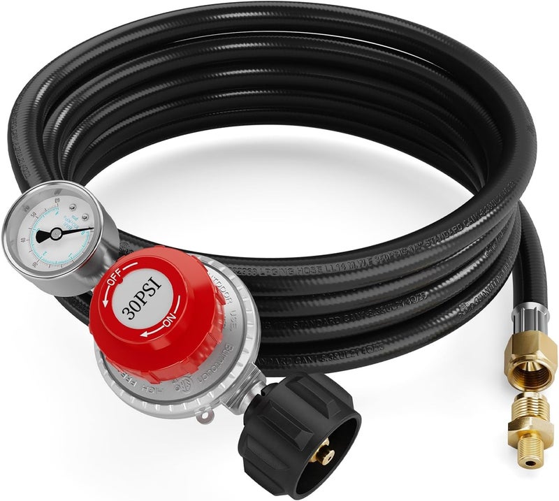 NUPICK 12FT 0-30 PSI Adjustable High Pressure Propane Regulator with 60PSI Gauge Gas Flow Indicator，Propane Regulator with Hose for LP Gas Cooker, Burner, Turkey Fryer, Smoker - Image 1